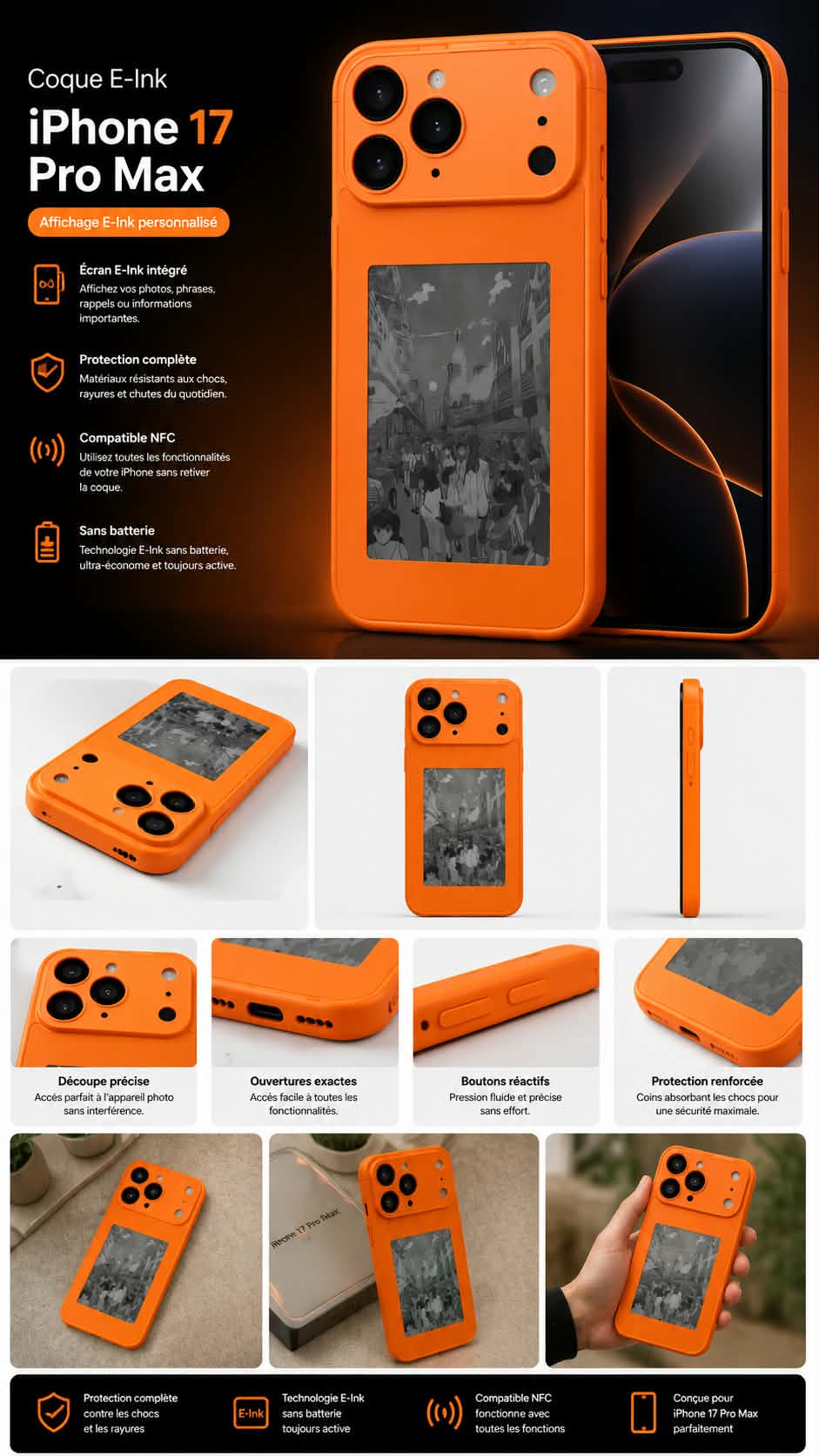 غطاء Smart Ink Case لهاتف آيفون 17 برو ماكس مع شاشة حبر إلكتروني في الخلف